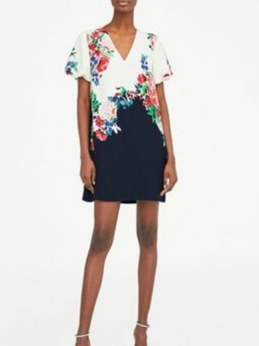 Zara Cream & Black Floral V-Neck Tunic